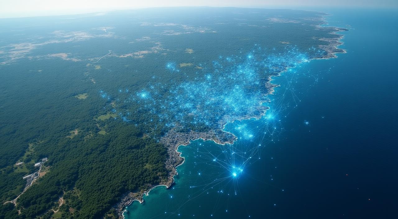 Visualizzazione IA della cartografia moderna con reticoli digitali